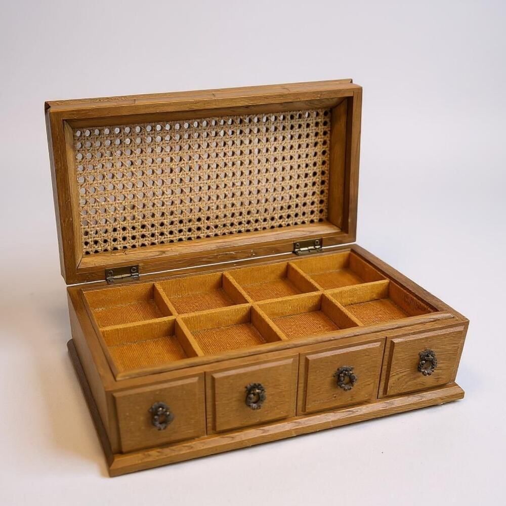 Vintage Mele Wooden Jewelry Dresser Music Box Cane Top Chest Boho Décor *FLAW*